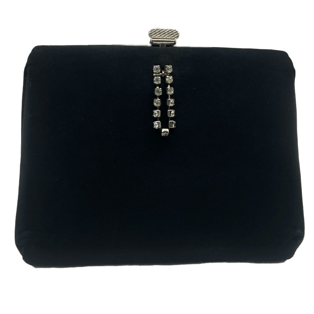 Vintage Black Satin Clutch/Shoulder Purse with Rhinestones - A3917